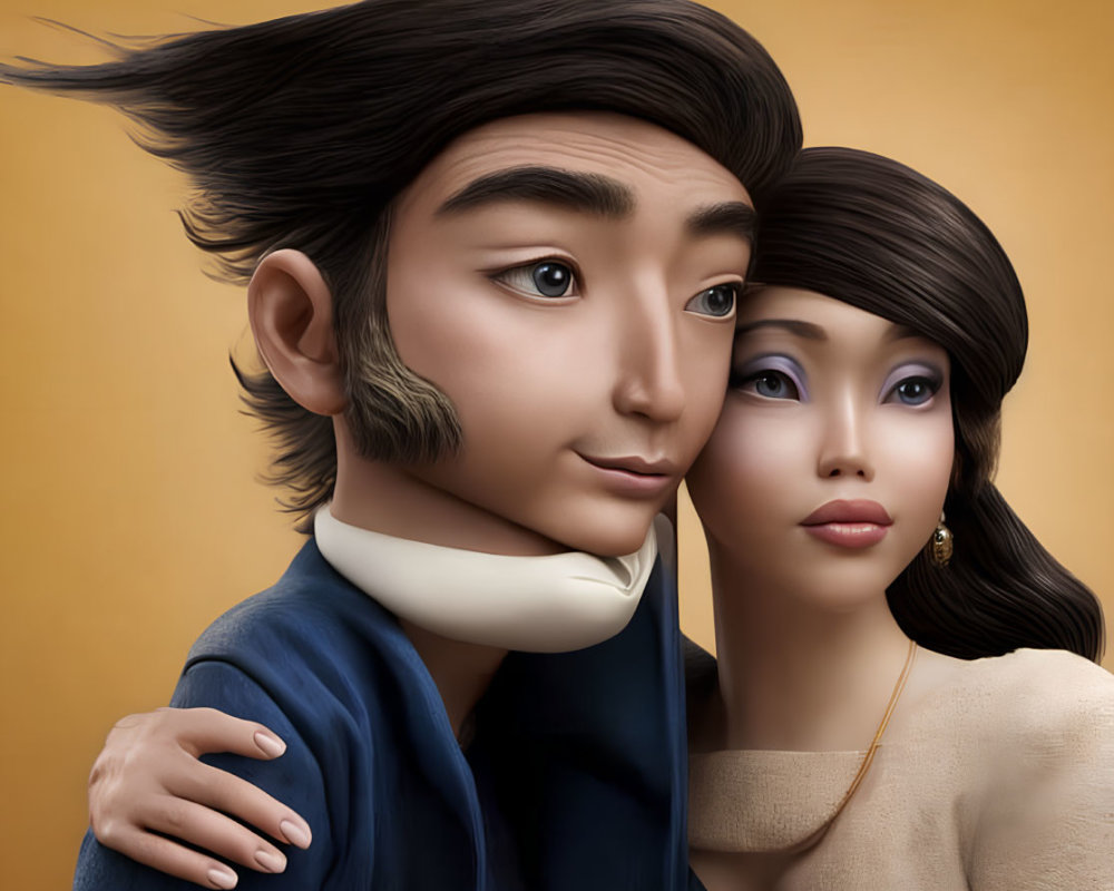 Blue and beige animated characters with romantic undertones.