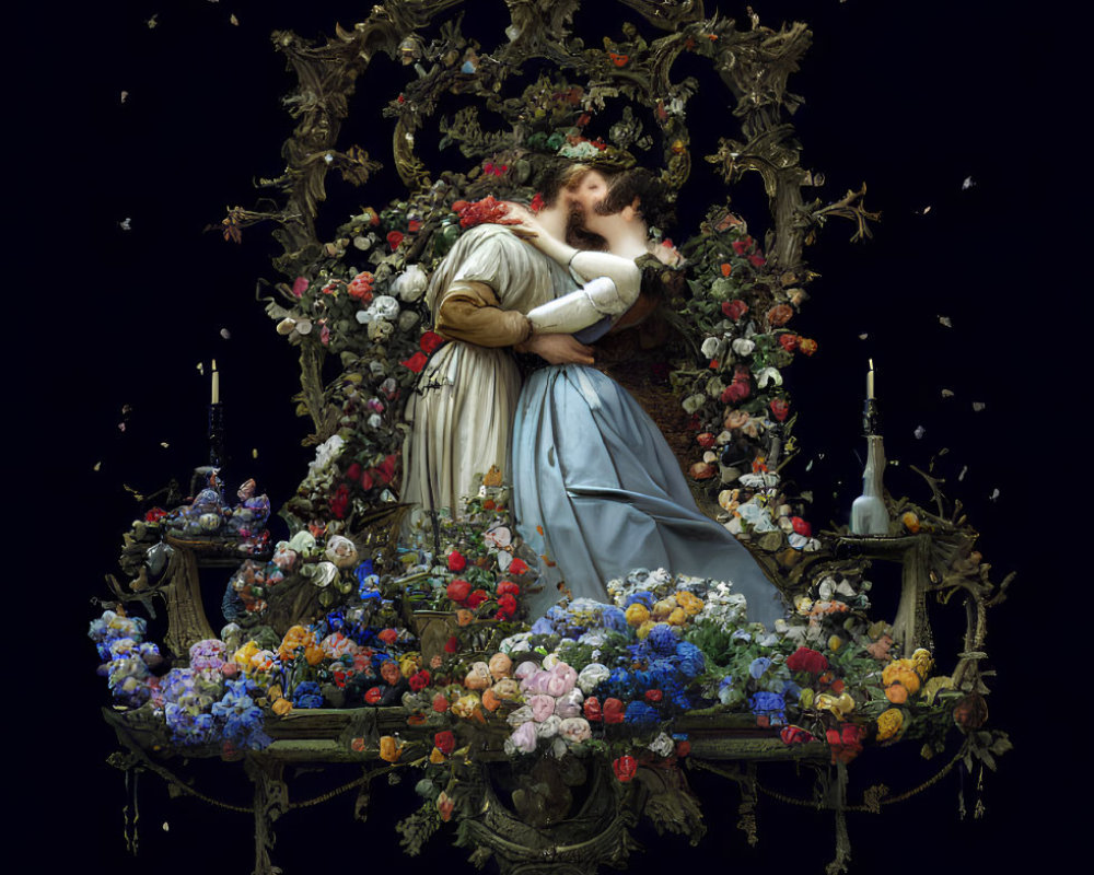 Intricate painting of a woman in floral embrace with baroque frame and butterflies on dark background