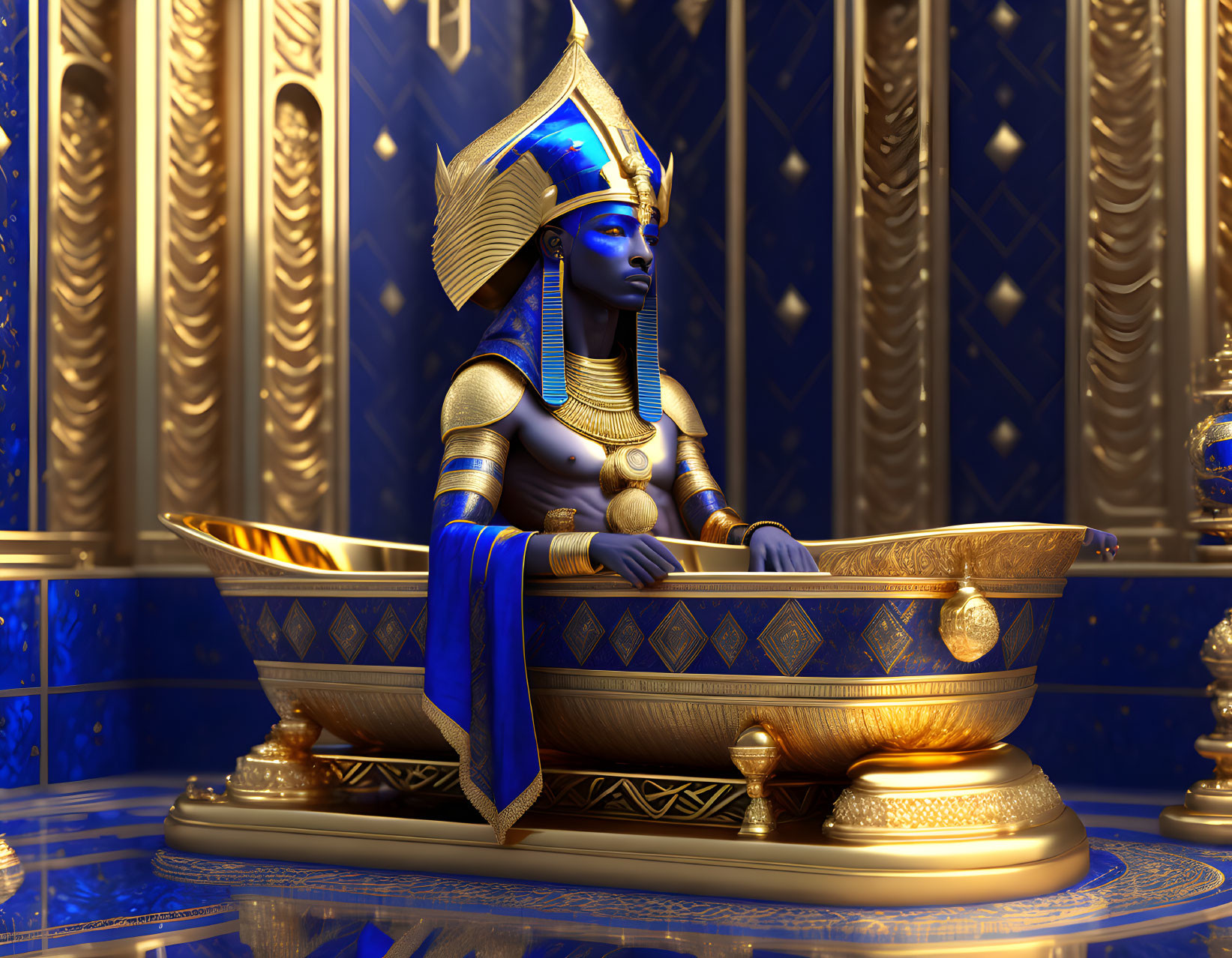 Luxurious 3D rendering of Egyptian Pharaoh on golden throne