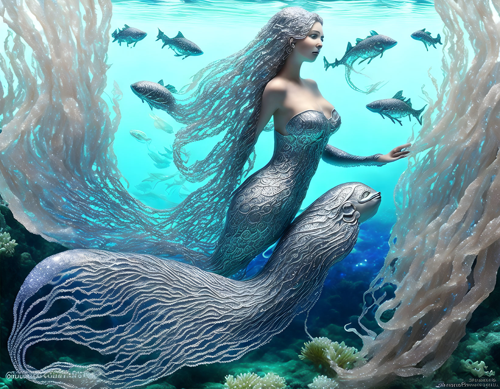 Detailed Blue-Tailed Mermaid Interacts with Fish in Coral Reef