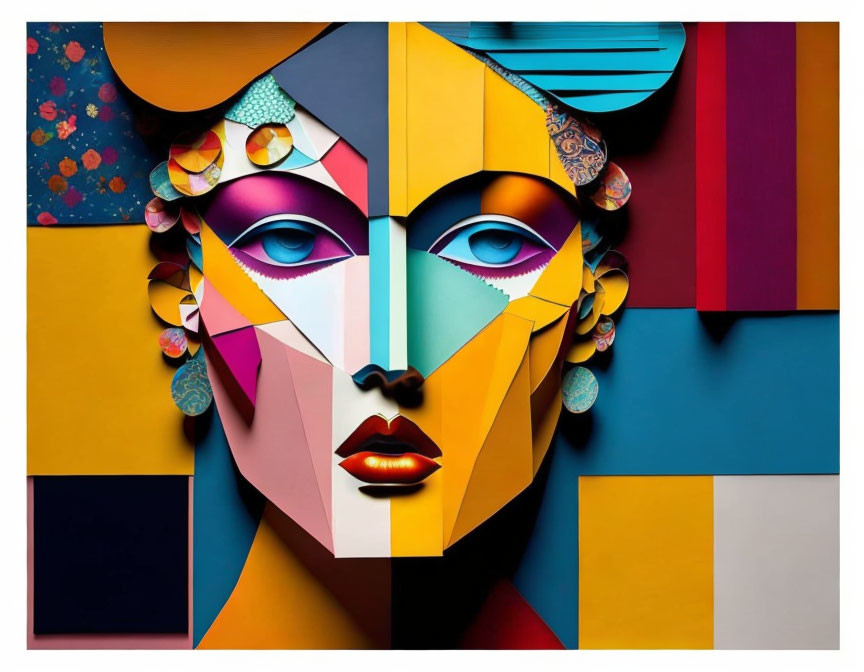 Colorful Cubic Abstract Portrait of Woman with Geometric Patterns and Vivid Hues