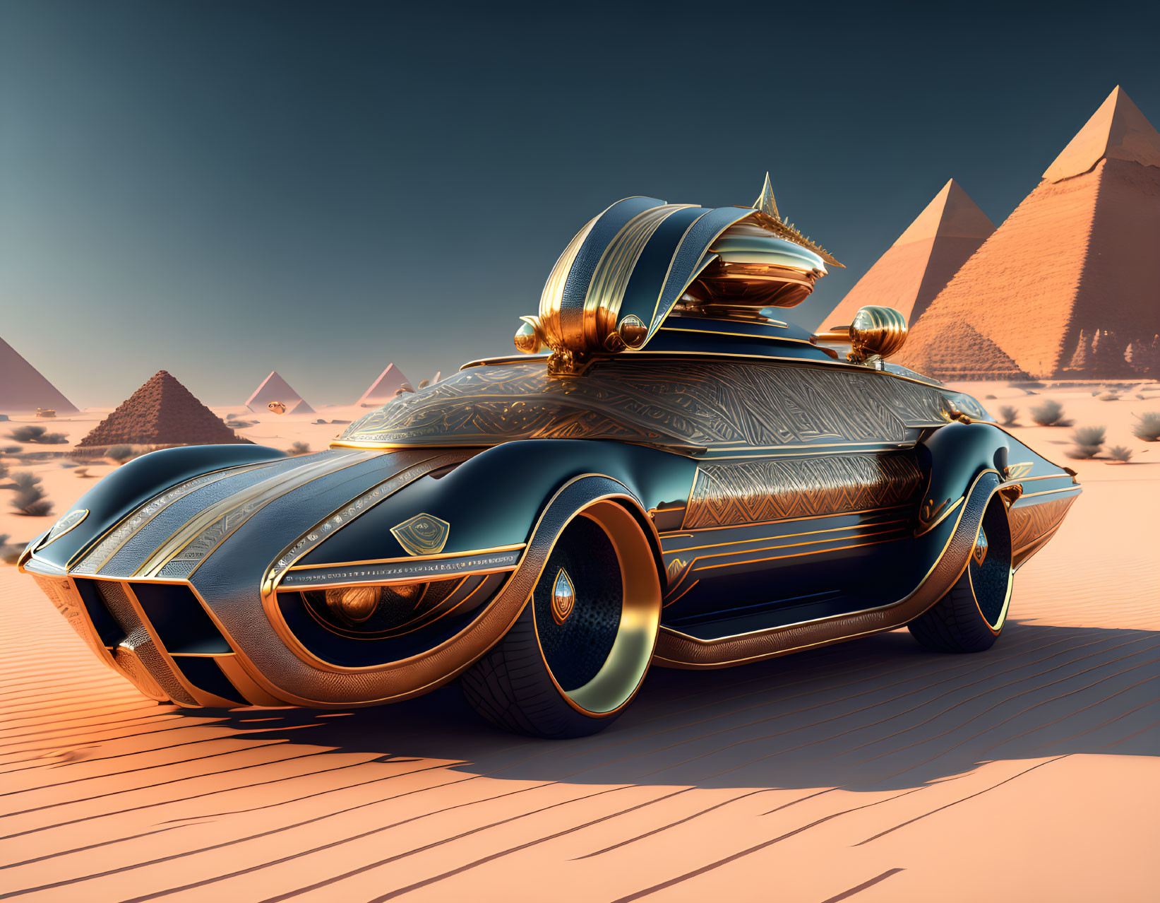 Golden and black futuristic car with Egyptian design elements in desert with pyramids.