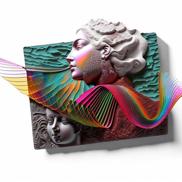 Vibrant 3D Artwork: Stylized Faces with Multicolored Waves on White