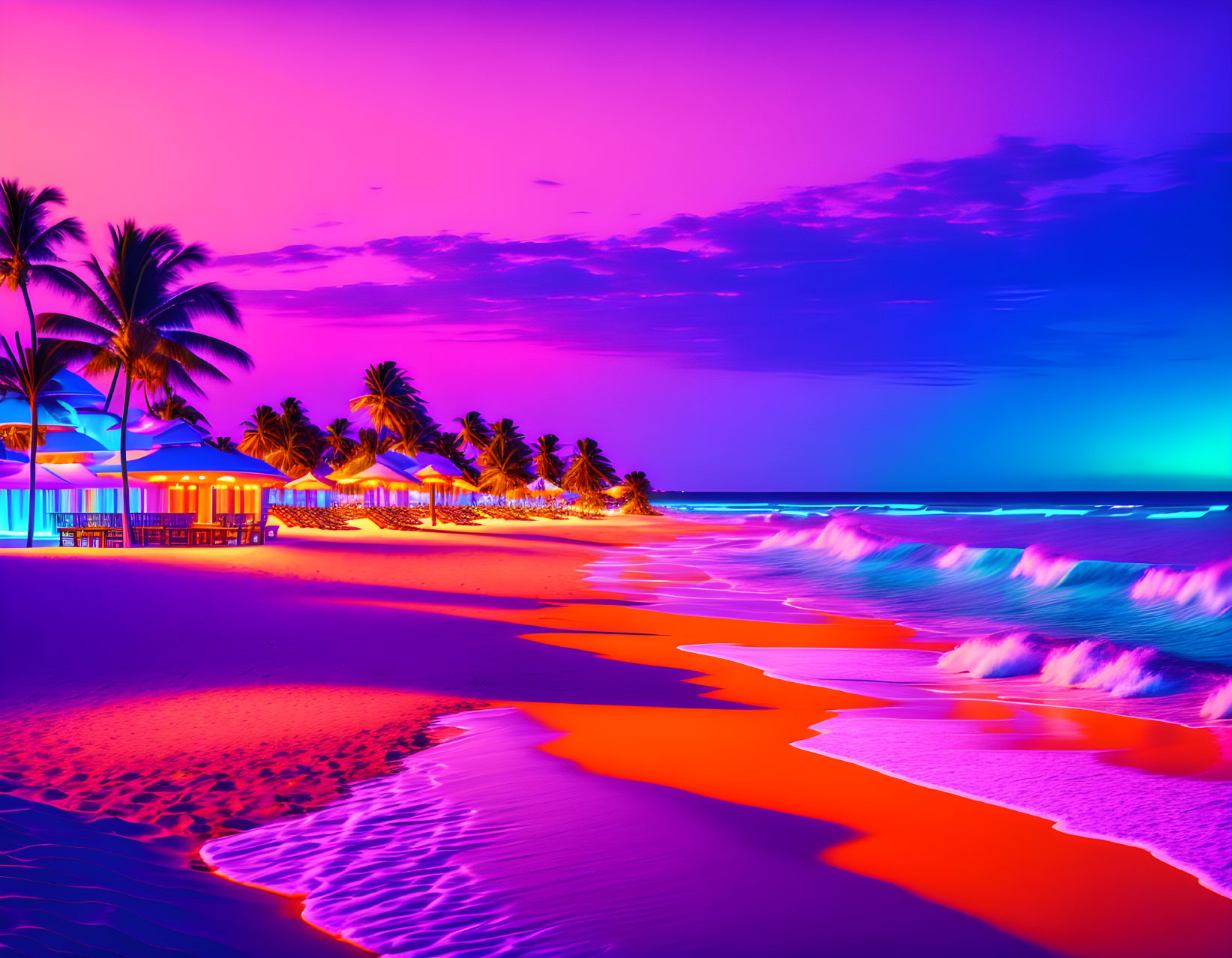 Tropical Beach Scene: Neon Colors, Palm Trees, Hut & Waves