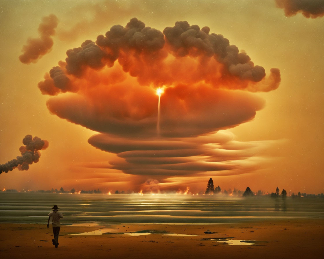 Massive mushroom cloud explosion at dusk on beach