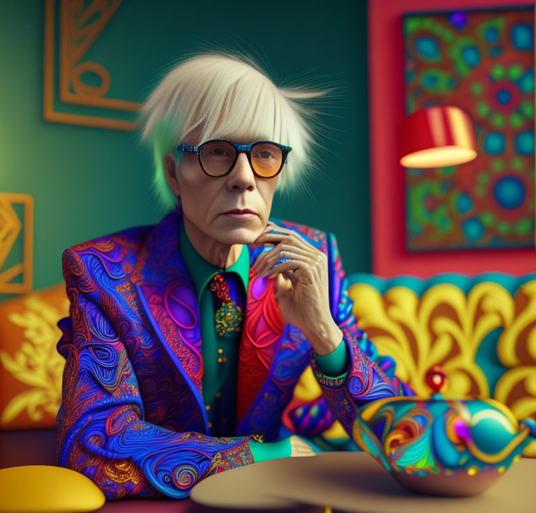 White-Haired Person in Blue Glasses in Colorful Room