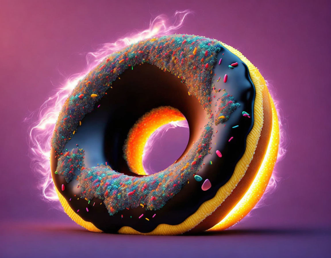 Flaming doughnut with neon core on purple background