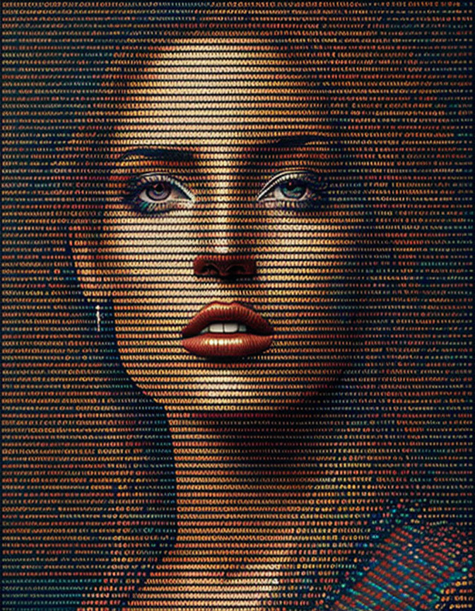 Multicolored pixelated digital portrait of a woman's face on dark background