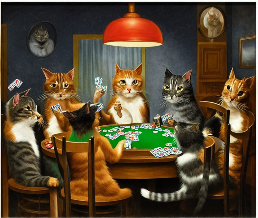 Anthropomorphic cats playing poker in a room with cat portraits