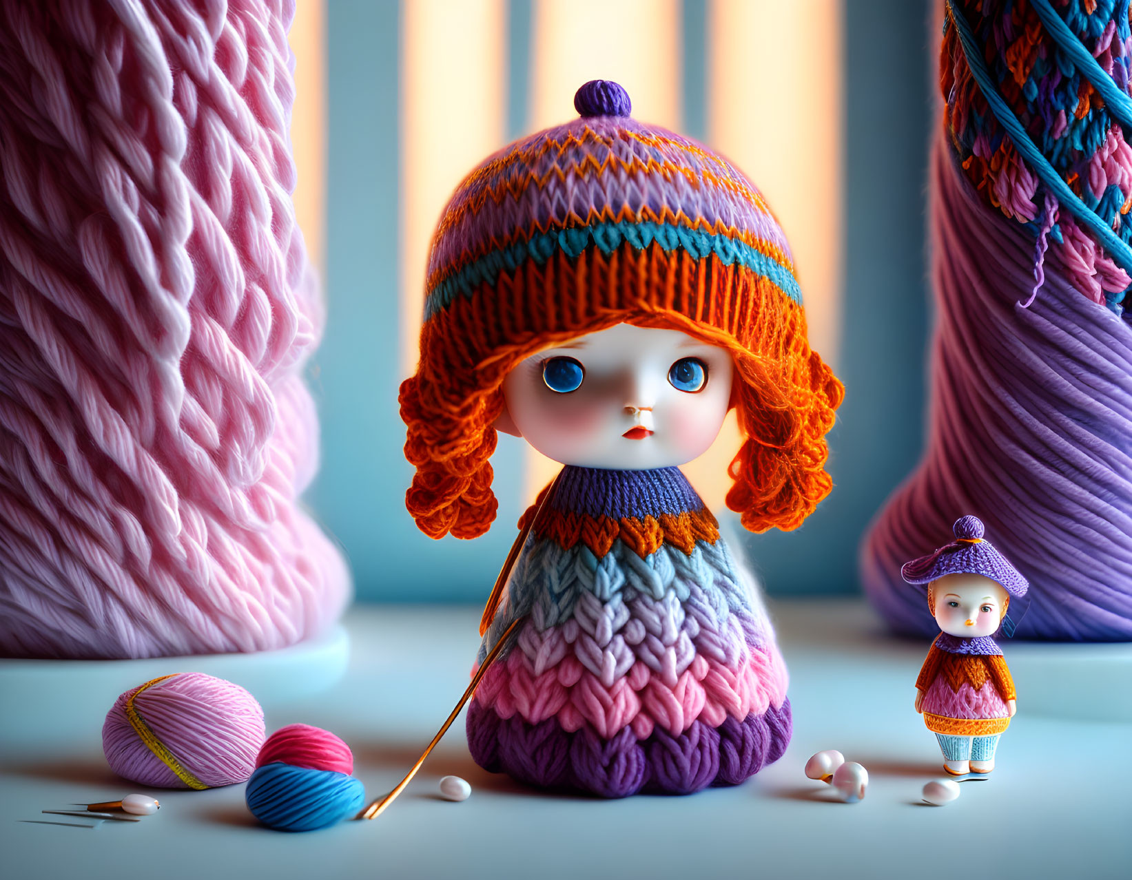 Stylized dolls in knit hats with large eyes amid colorful yarn and giant needles