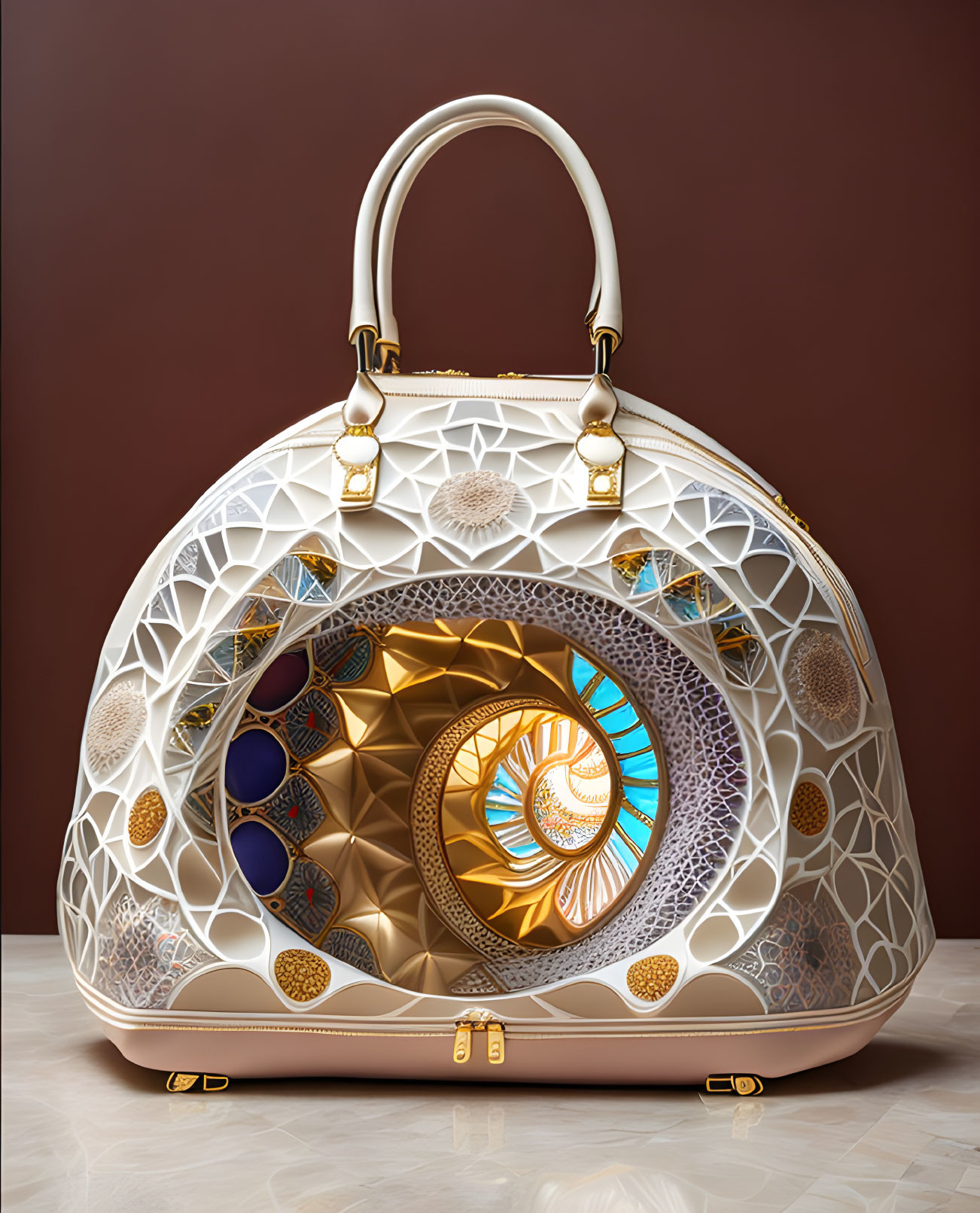 Luxurious Dome-Shaped Handbag with Gold and White Lattice Design on Brown Background