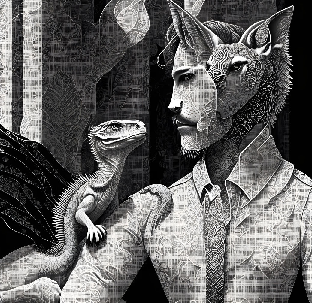 Monochrome digital artwork of anthropomorphic fox and dragon in ornate patterns