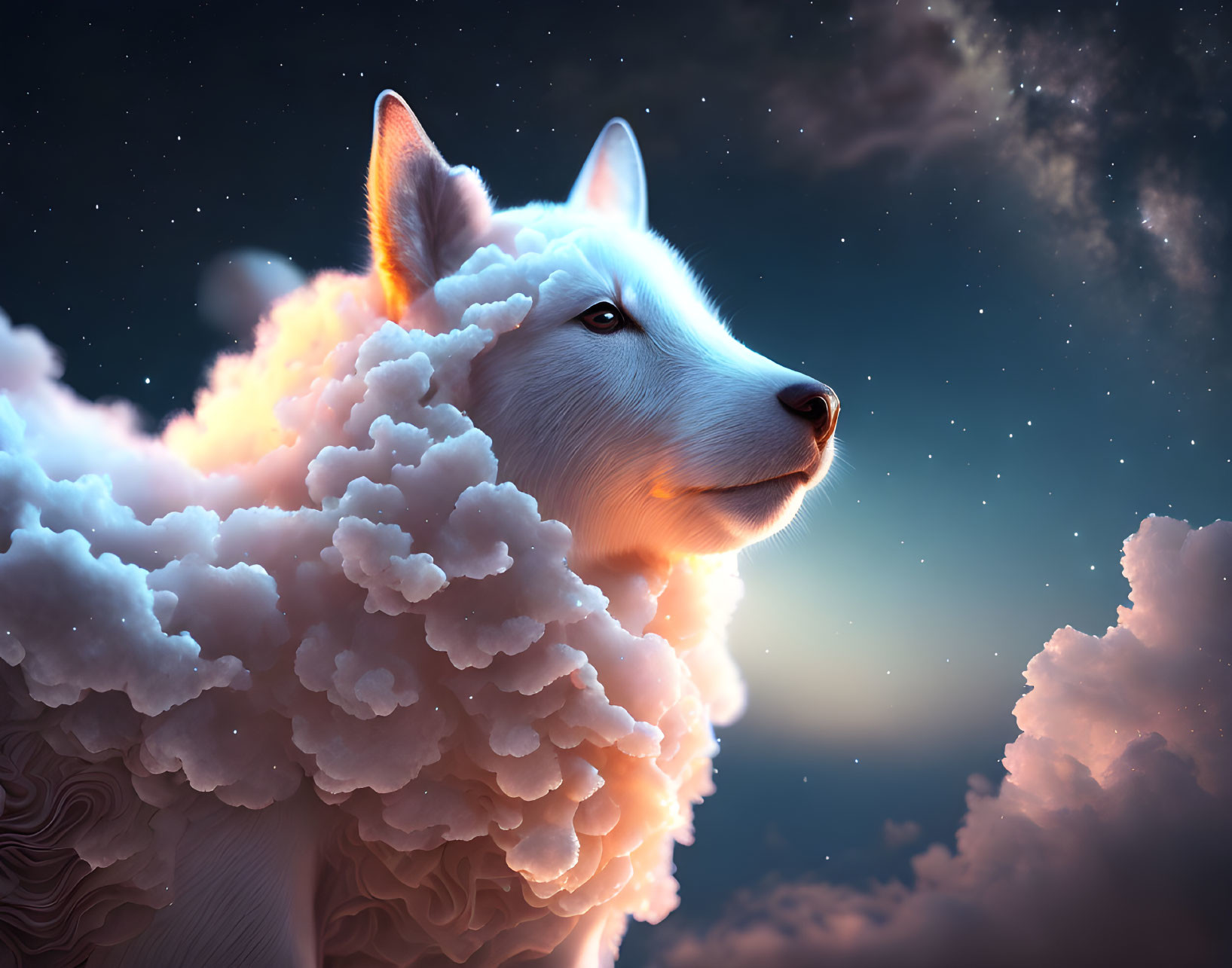 Surreal woolly dog under starry night sky