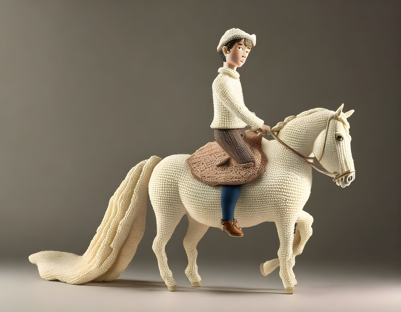 Cream and White Knitted Woman on Horseback Artwork in Neutral Background