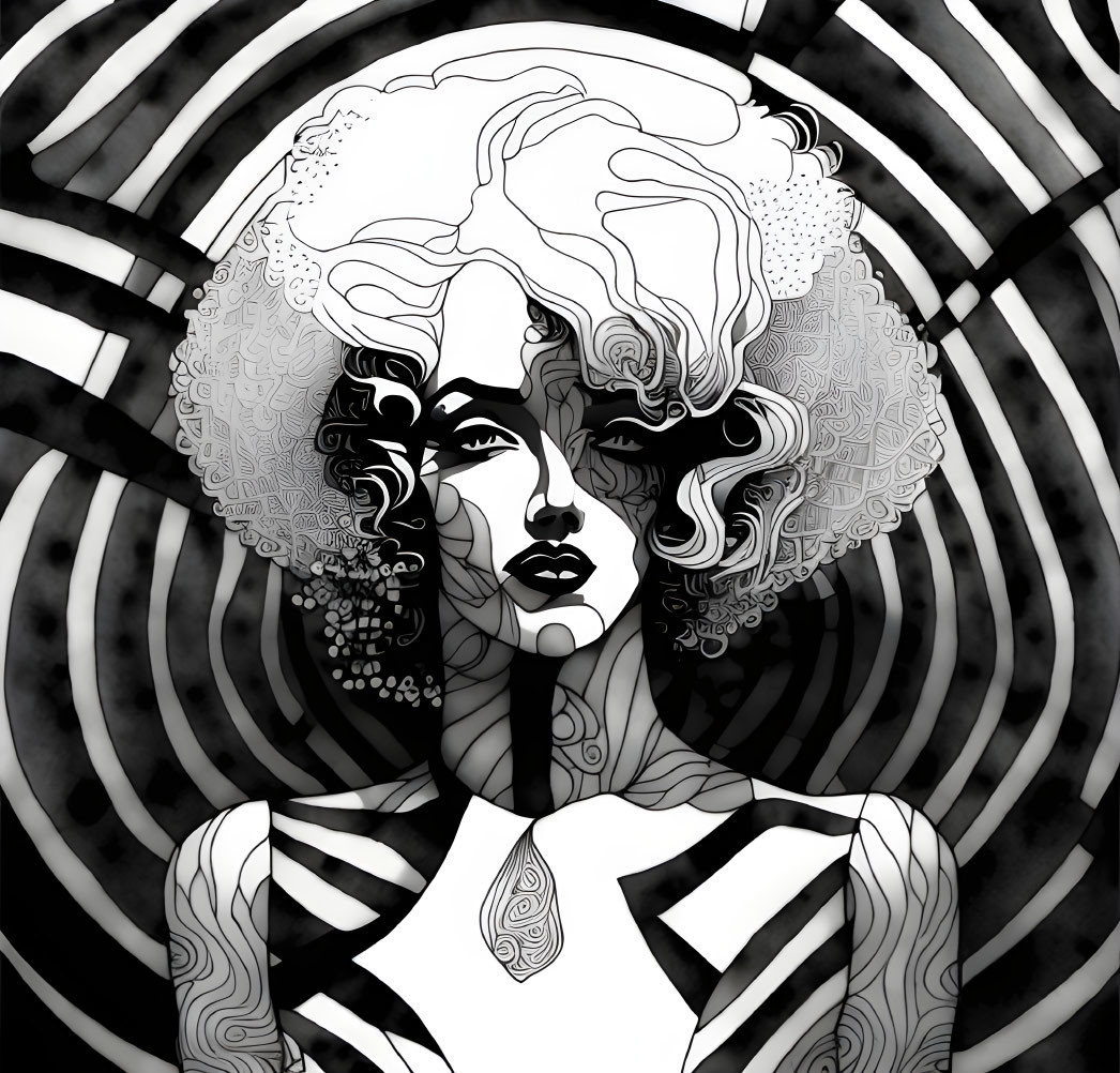 Monochromatic stylized woman with voluminous hair against concentric circles backdrop