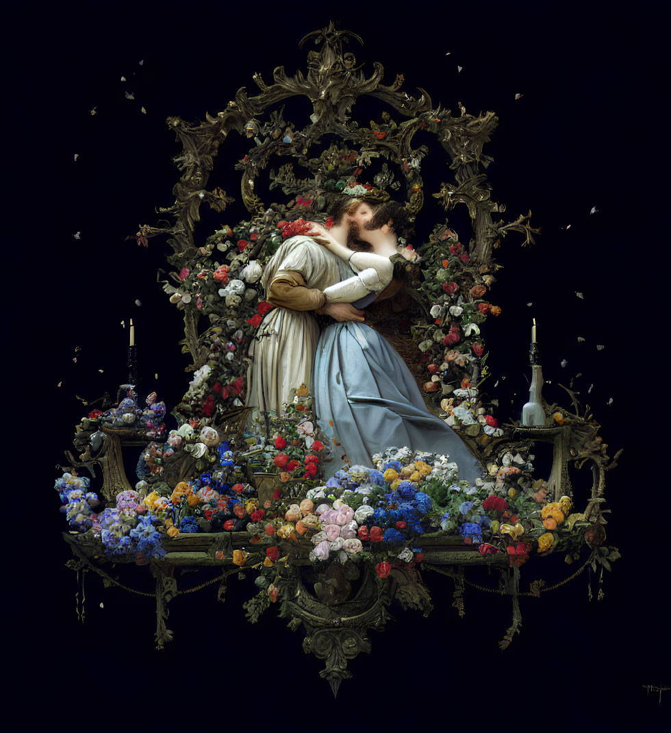 Intricate painting of a woman in floral embrace with baroque frame and butterflies on dark background