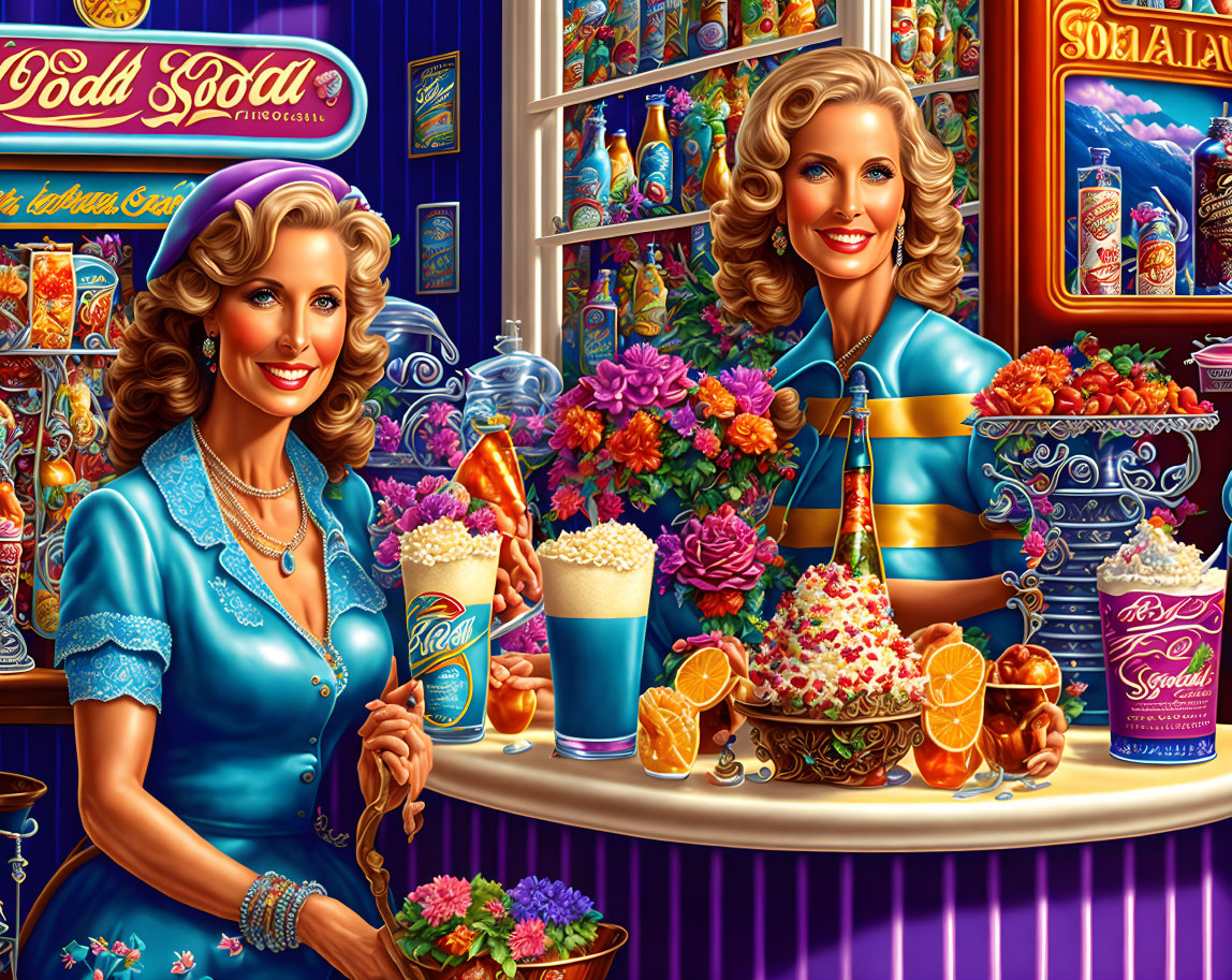 Vintage attire women serving ice cream at colorful retro diner