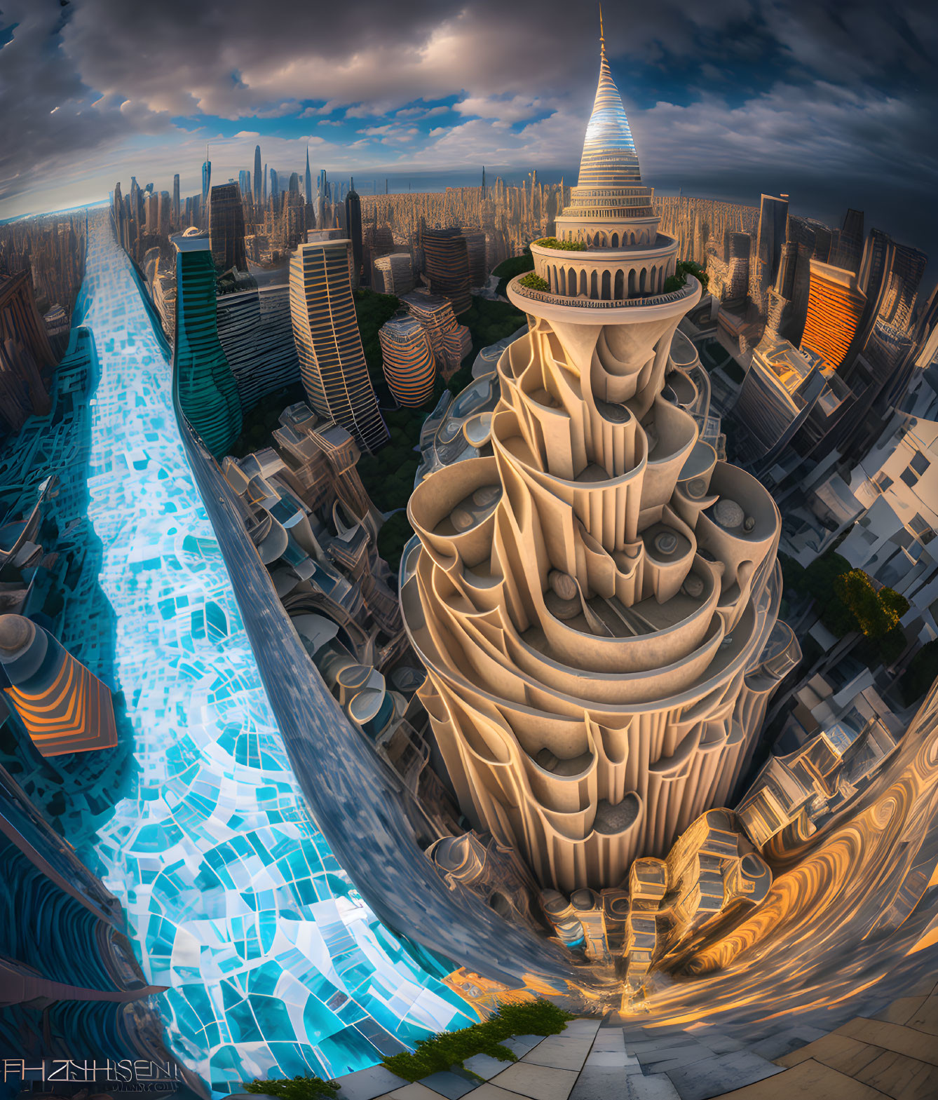 Surreal cityscape with swirling tower, futuristic buildings, and blue river