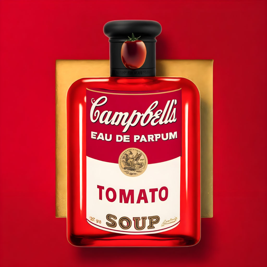 Perfume bottle with Campbell's Tomato Soup label on red background