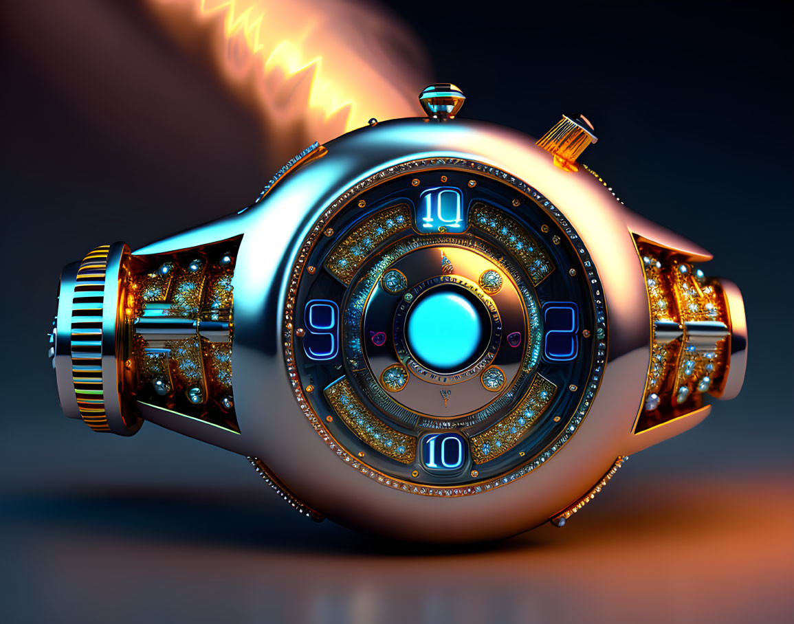 Sleek futuristic wristwatch with glowing elements on fiery backdrop