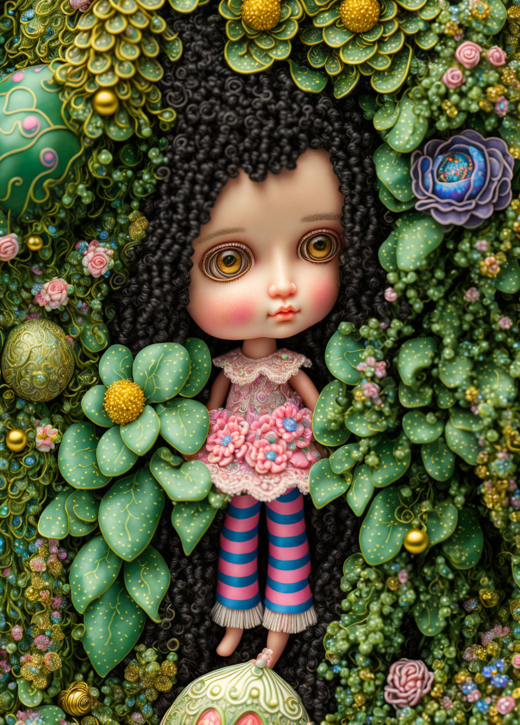 Wide-eyed doll in vibrant plant life and floral patterns