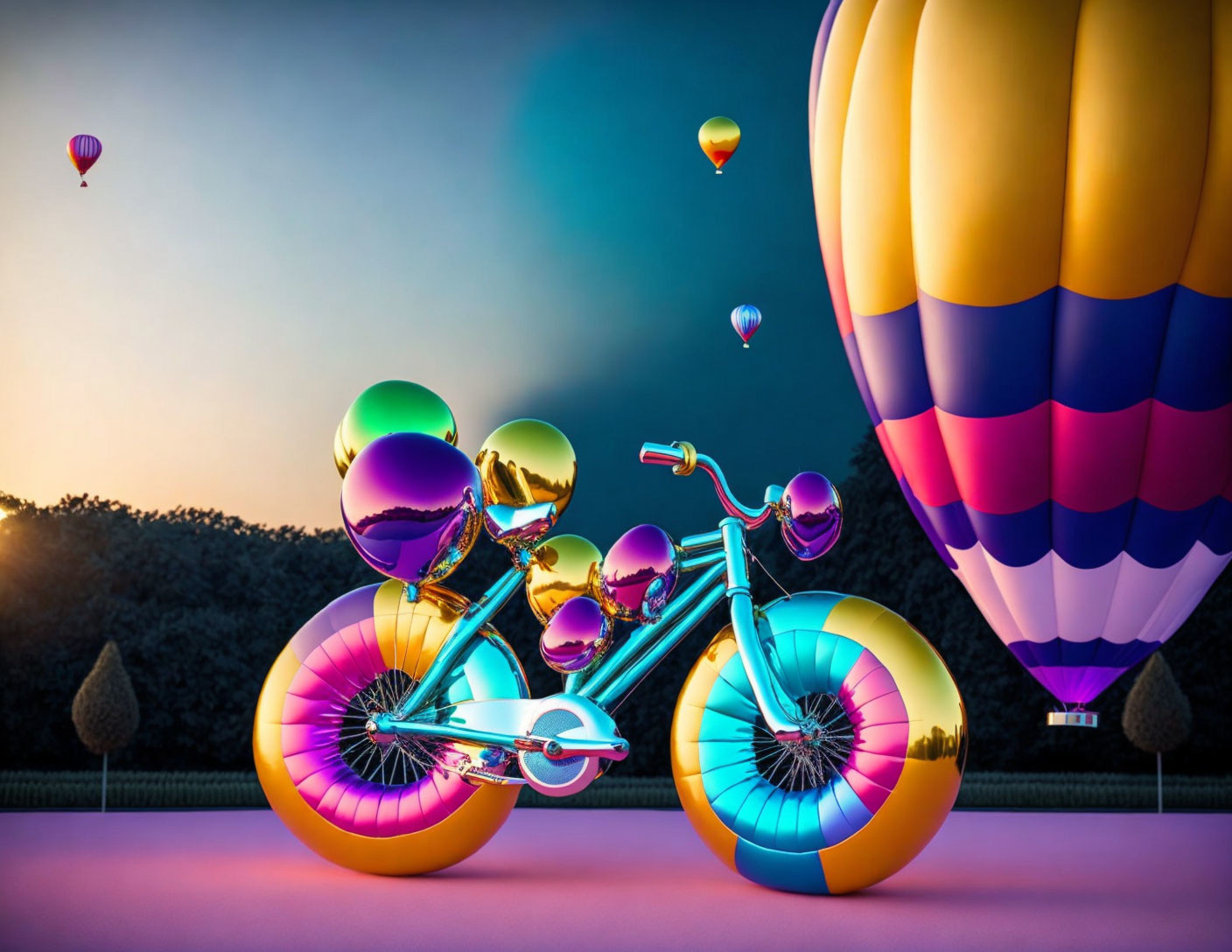 Colorful bicycle with reflective wheels against hot air balloons and dusk sky