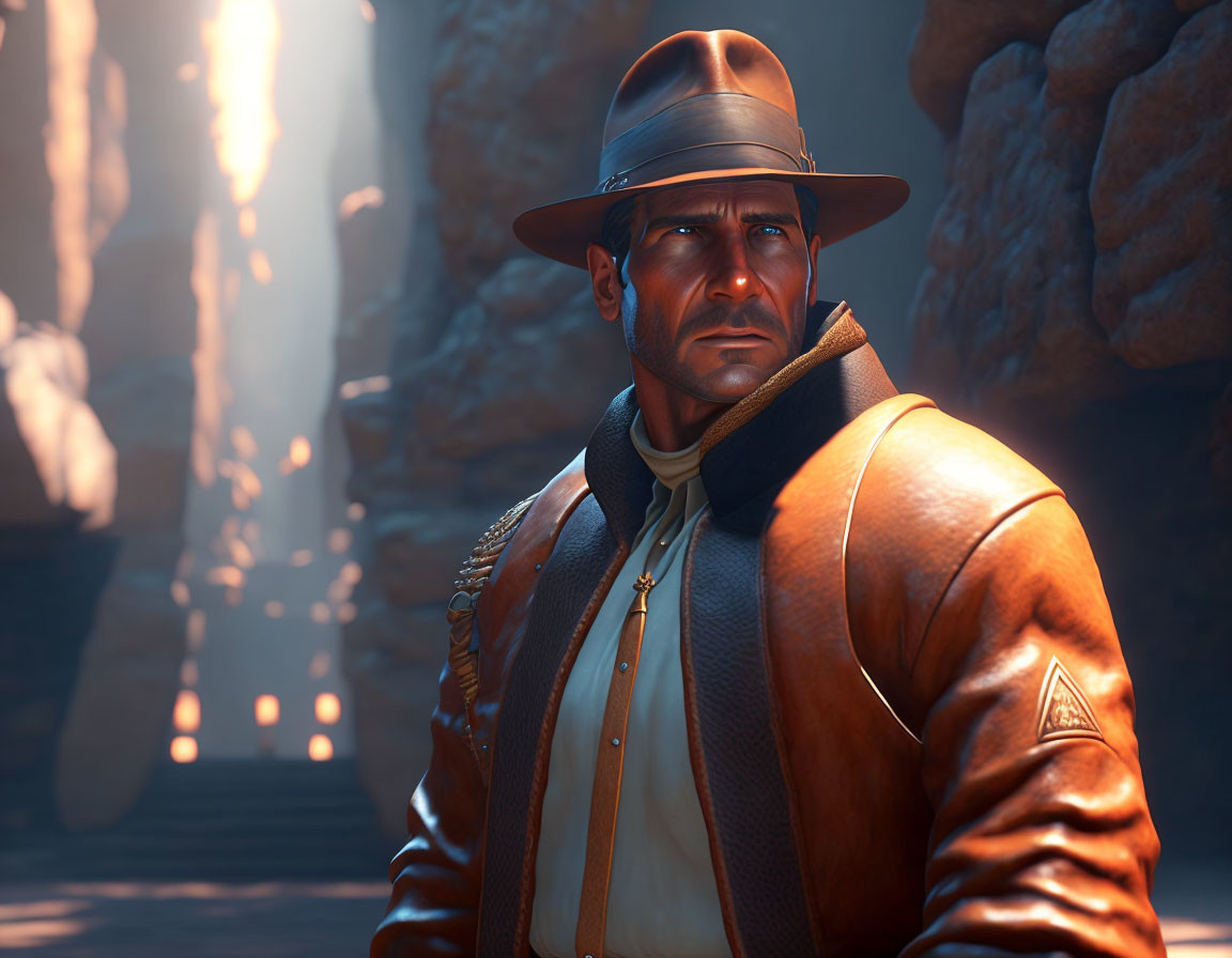 Adventurer in Fedora and Leather Jacket in Sunlit Cave