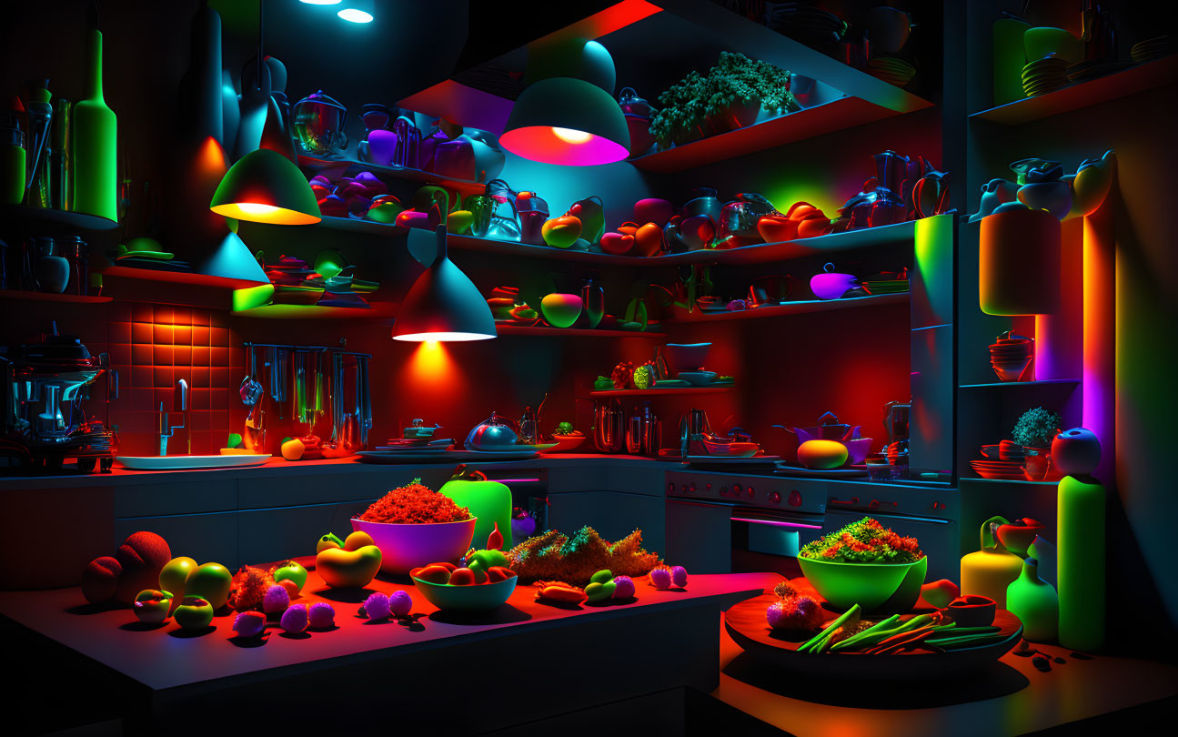 Colorful Neon-Lit Kitchen with Fruits, Vegetables, and Cookware