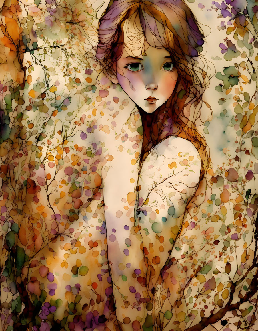 Vibrant illustration of woman with wide eyes in floral dress