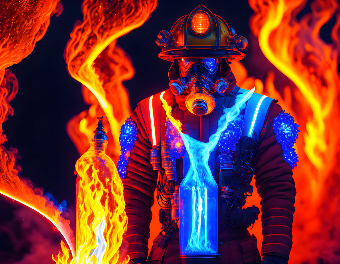 Firefighter in Full Gear Holding Glowing Blue Flame Surrounded by Intense Orange Flames