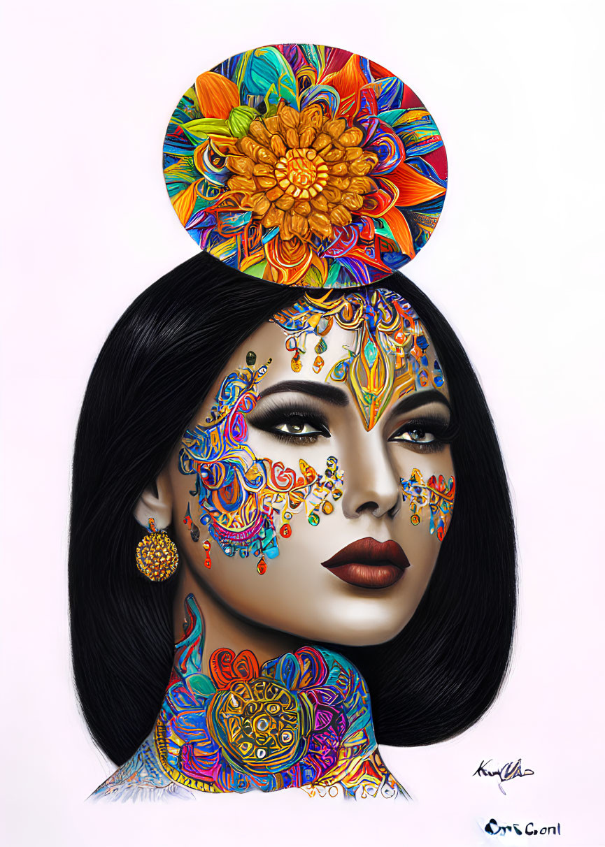 Colorful Woman with Elaborate Face Paint and Floral Headpiece Illustration