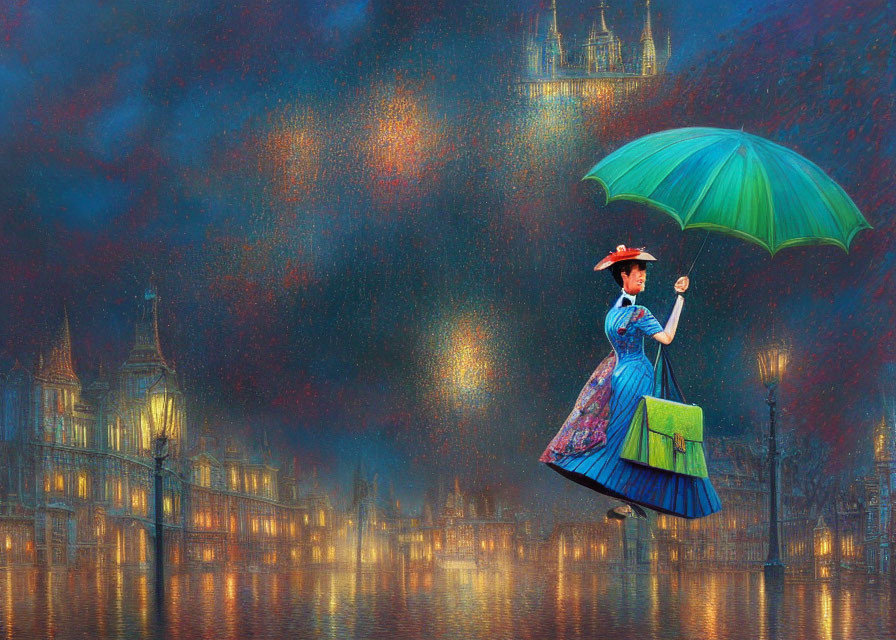 Whimsical character in vintage dress and hat with green umbrella above rain-soaked cityscape at twilight