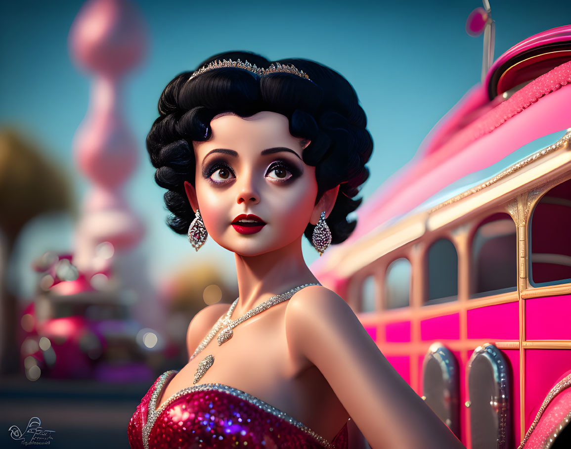 Stylized vintage female character in red dress by pink car