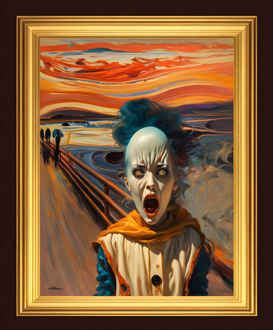 Surreal painting: Clown merges with "The Scream" in expressive landscape