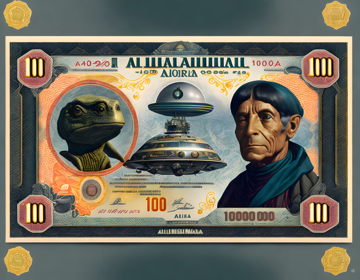 Fictional banknote design with humanoid reptile, UFO, and cloaked figure