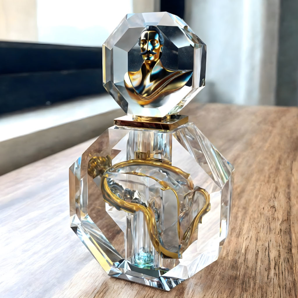 Crystal perfume bottle with gold and blue bust cap on wooden surface by window