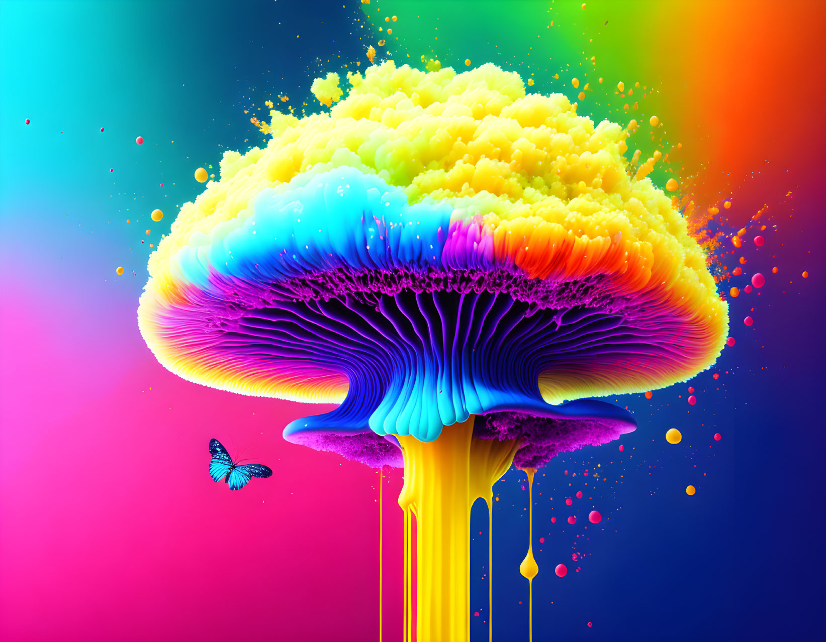 Colorful mushroom cloud explosion with dripping paint and butterfly on gradient background