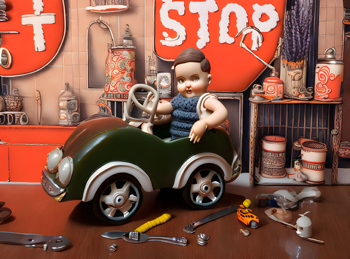 Vintage-style doll in blue vest in toy car with old-fashioned tins and tools on wooden surface