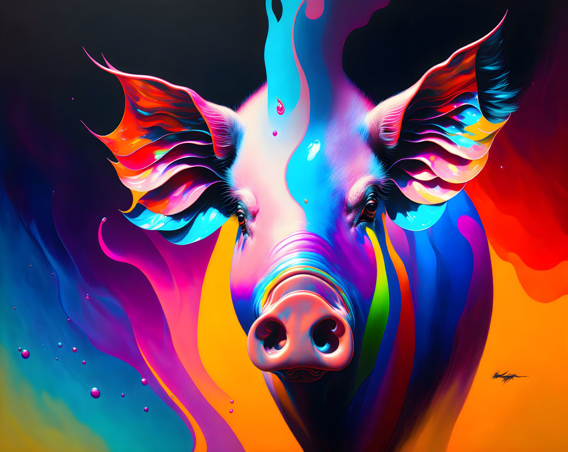 Colorful Abstract Pig Artwork with Neon Swirls on Dark Background