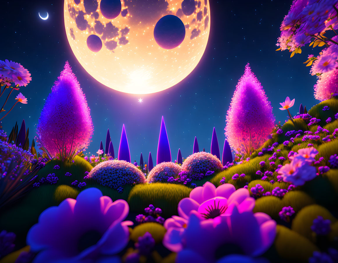 Fantasy landscape: Glowing flowers, crystalline structures, moonlit night