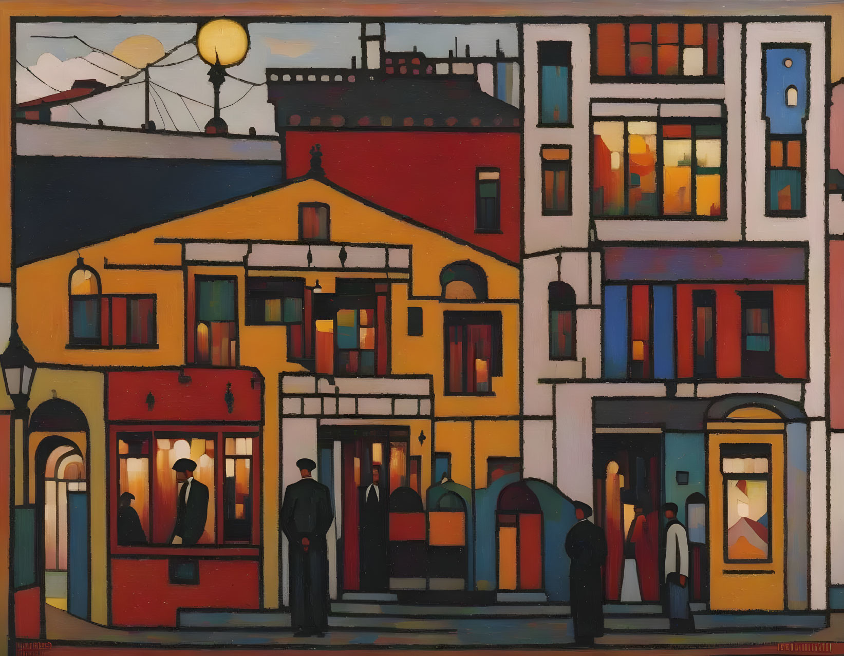 Vibrant city street painting at dusk with block-colored buildings and silhouetted figures.