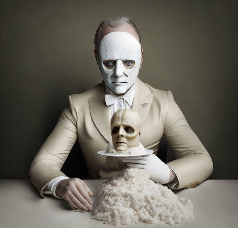 Surreal portrait of person with robotic face holding humanoid head on plate