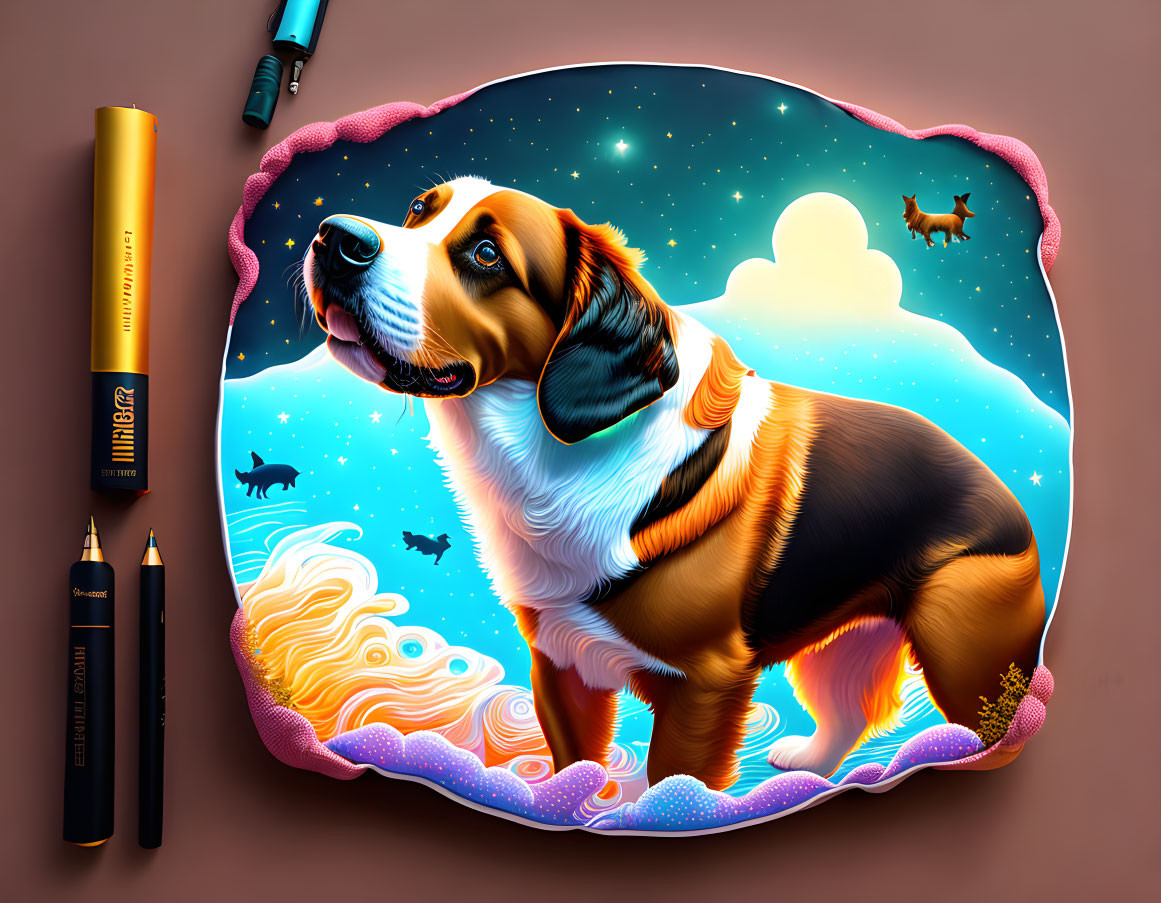 Colorful Bernese Mountain Dog Art with Cosmic Theme