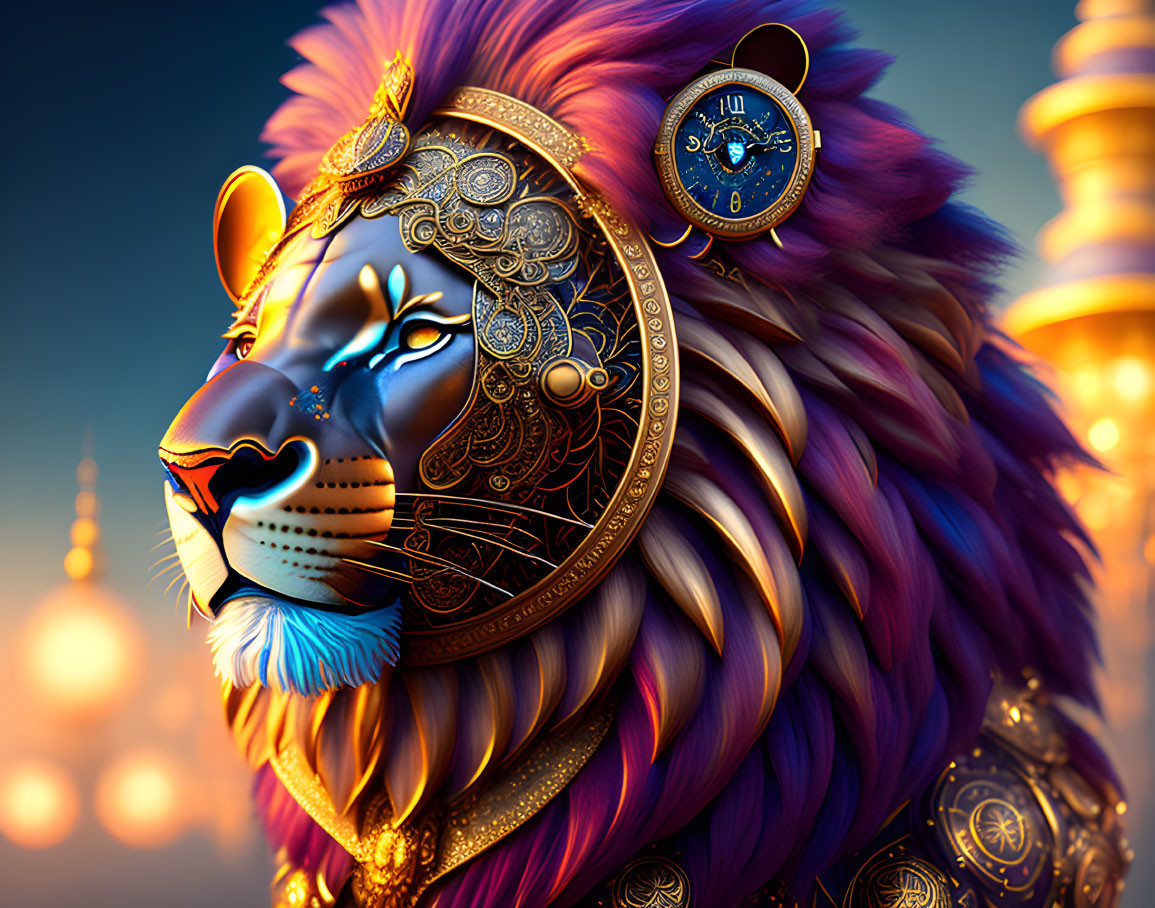 Stylized lion with golden adornments in colorful fur on warm, blurry background