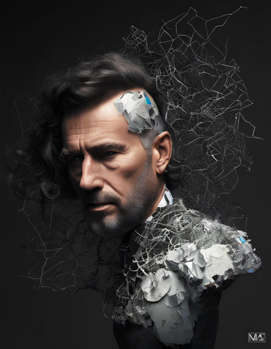 Abstract portrait of man with fragmented head and distressed expression