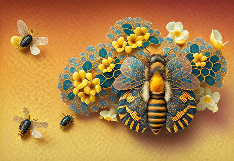 Colorful Bee Artwork with Floral Elements on Gradient Background