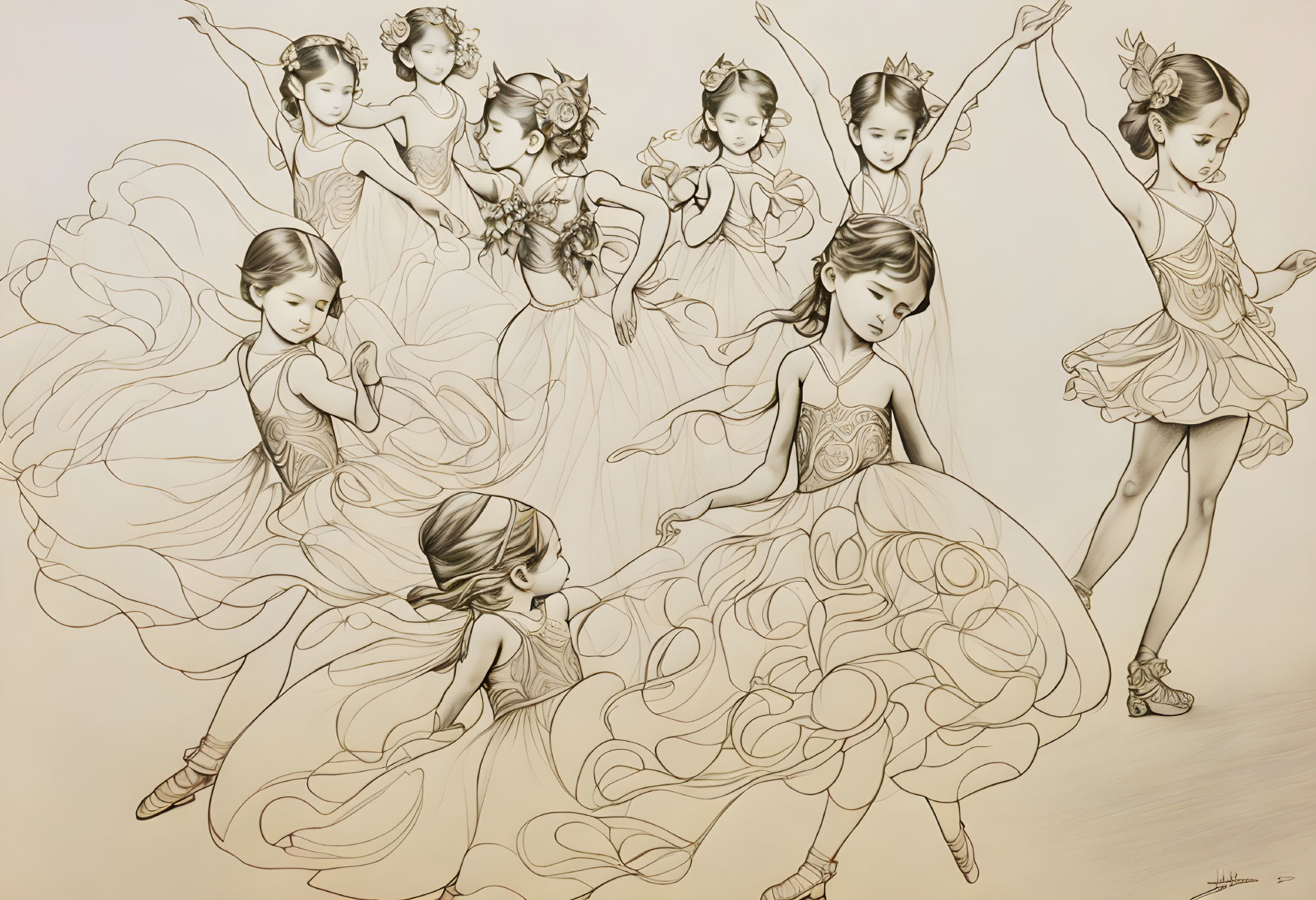 Multiple young ballerinas in flowing dresses and detailed hairpieces in graceful poses.