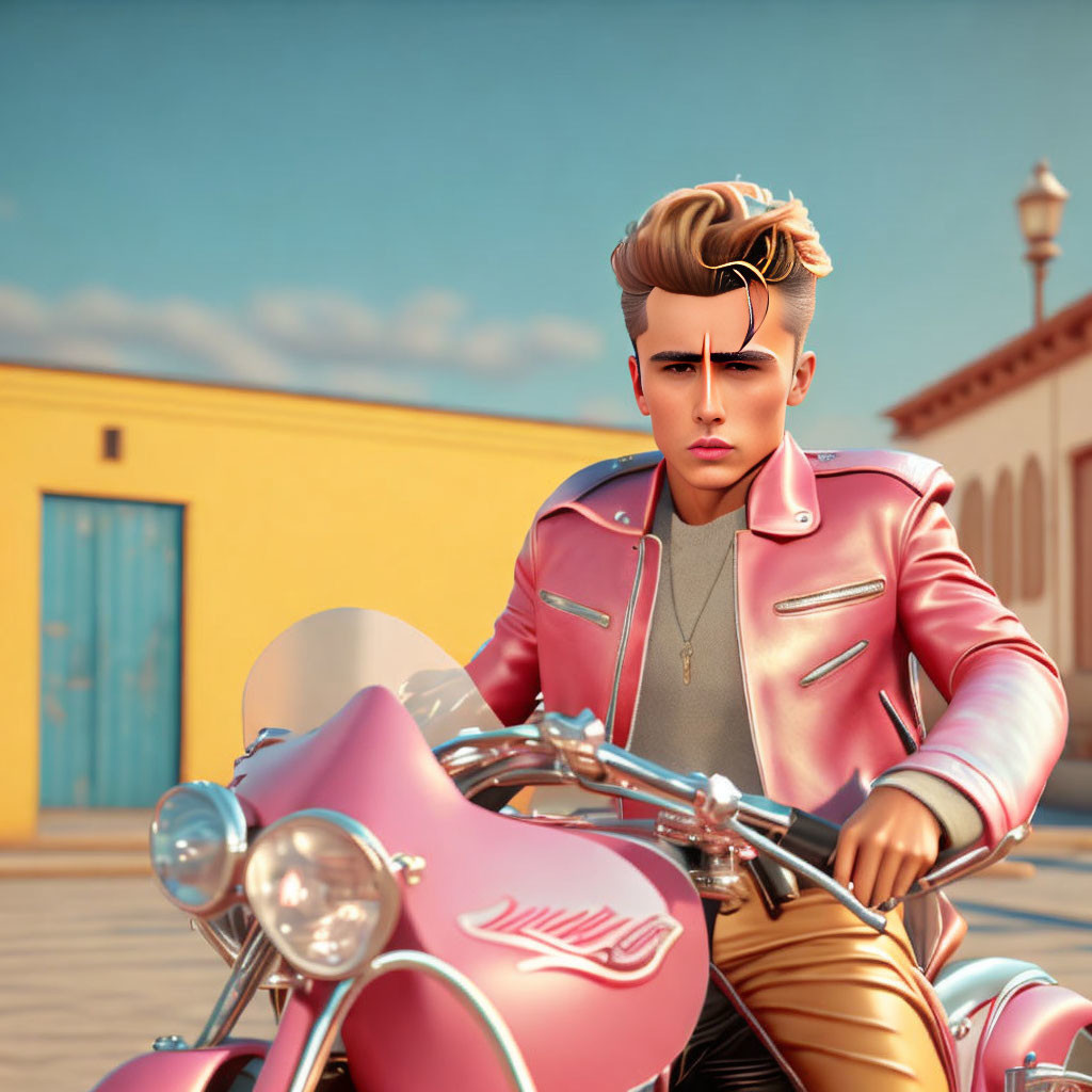 Young male character on pink motorcycle in 3D art