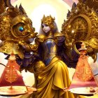 Ornately dressed female figures in golden armor with shield and celestial motifs under cloudy sky