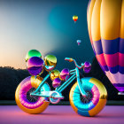 Colorful bicycle with reflective wheels against hot air balloons and dusk sky